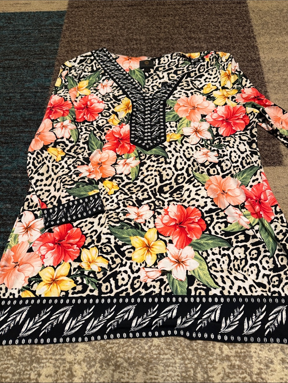 JM Collection Black Leopard Floral V-Neck Tunic
